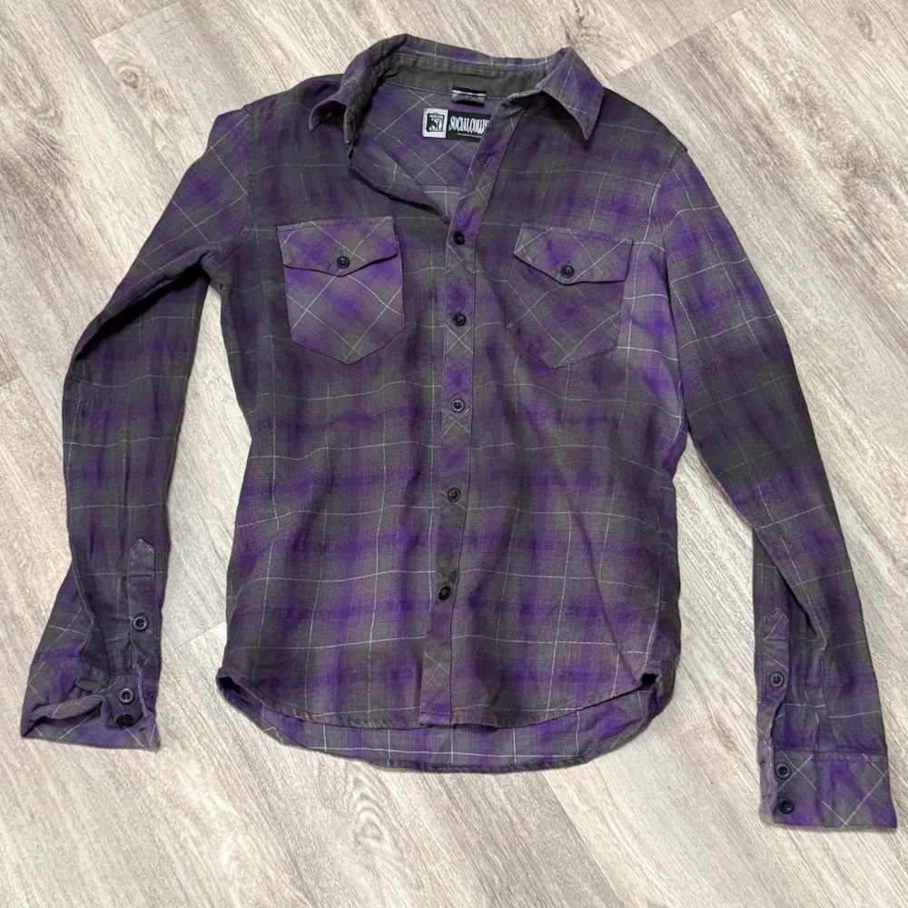 Social Collision‎ Mens Flannel Shirt Small Purple Plaid Button Up Long Sleeve